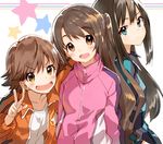  :d black_hair brown_eyes brown_hair girl_sandwich green_eyes honda_mio idolmaster idolmaster_cinderella_girls jacket multiple_girls new_generations open_clothes open_jacket open_mouth sandwiched shibuya_rin shimamura_uzuki shirabi smile track_jacket v v-shaped_eyebrows yellow_eyes 