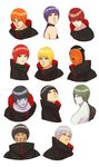  1girl 6+boys akatsuki_(naruto) alternate_hairstyle black_hair blue_hair bowl_cut deidara green_hair grey_hair hidan high_collar highres hoshigaki_kisame kakuzu konan mask multiple_boys nagato_(naruto) naruto naruto_shippuuden orange_hair pain_(naruto) pain_(tendo) piercing red_hair rinnegan sasori steampunkskulls tobi uchiha_itachi uchiha_obito zetsu 