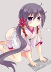  akebono_(kantai_collection) all_fours alternate_costume barefoot bell blush breath cleaning flower full_body hair_bell hair_flower hair_ornament japanese_clothes jingle_bell kantai_collection kimono long_hair looking_at_viewer nagasioo purple_eyes purple_hair side_ponytail soles solo very_long_hair 