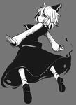  commentary_request grey_background greyscale hair_ribbon looking_at_viewer looking_back monochrome outstretched_arms ribbon rumia shirt short_hair simple_background skirt smile spread_arms tamahana touhou vest 
