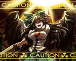 :d ahoge arm_cannon arm_up black_hair black_wings bow breasts caution constricted_pupils energy_ball feathered_wings frilled_skirt frills green_skirt hair_bow large_breasts long_hair open_mouth puffy_short_sleeves puffy_sleeves radiation_symbol red_eyes reiuji_utsuho rence_(mjyoon1452) shaded_face shirt short_sleeves skirt smile solo spread_wings sunburst taut_clothes taut_shirt third_eye touhou upper_body weapon white_shirt wings 