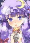  :&lt; bad_id bad_pixiv_id blush crescent food hair_ribbon hat highres looking_at_viewer mob_cap open_mouth patchouli_knowledge purple_eyes purple_hair ribbon solo sweet_potato touhou tress_ribbon upper_body usotsuki_penta 