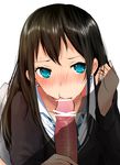  adjusting_hair aqua_eyes blush brown_hair cardigan censored earrings fellatio hair_tucking han_(jackpot) handjob hetero idolmaster idolmaster_cinderella_girls jewelry long_hair looking_at_viewer necklace necktie oral penis school_uniform shibuya_rin solo_focus 