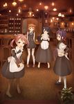  :d akai_ronii akebono_(kantai_collection) animal_ears arms_behind_back bandaid bandaid_on_face bar black_hair boots brick_wall bronze_parrot brown_eyes brown_footwear brown_hair cat_ears clock counter covering_mouth cup flower hair_bobbles hair_flower hair_ornament hands_on_hips high_heels highres indoors kantai_collection kemonomimi_mode kitchen_scale lamp lantern light long_hair looking_at_viewer multiple_girls oboro_(kantai_collection) open_mouth pantyhose pavement pink_eyes pink_hair purple_eyes purple_hair restaurant running_bond sazanami_(kantai_collection) side_ponytail skirt smile standing stone_floor teacup thigh_boots thighhighs tray twintails ushio_(kantai_collection) vest waitress weighing_scale white_legwear zettai_ryouiki 