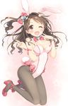  ;d adapted_costume animal_ears breasts brown_eyes brown_hair bunny_ears bunny_tail bunnysuit double_v idolmaster idolmaster_cinderella_girls long_hair medium_breasts one_eye_closed one_side_up open_mouth pantyhose peko pink_check_school shimamura_uzuki smile solo tail v wrist_cuffs 