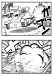  2girls 2koma comic explosion flag girls_und_panzer greyscale ground_vehicle itsumi_erika landing long_hair military military_vehicle monochrome motor_vehicle multiple_girls ooarai_military_uniform panzerkampfwagen_iv shimada_arisu sturmgeschutz_iii sutahiro_(donta) tank white_flag 