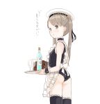  1girl anchor_symbol apron ass bangs black_choker black_legwear black_ribbon black_swimsuit blush bottle brown_eyes brown_hair choker closed_mouth cup drinking_glass eyebrows_visible_through_hair frilled_apron frilled_legwear frills hair_ribbon hat holding holding_tray kokudou_juunigou long_hair looking_away looking_to_the_side one-piece_swimsuit original ribbon sailor_hat school_swimsuit solo swimsuit swimsuit_under_clothes thighhighs translation_request tray twintails v-shaped_eyebrows white_apron white_hat 