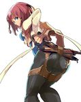  1girl artist_request ass bent_over blue_eyes breasts from_behind from_below hair_tubes ishiwari leaning leaning_forward looking_back looking_down pants pantylines red_hair rose_(tales) short_hair sideboob solo sword tales_of_(series) tales_of_zestiria tight_pants weapon 