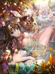  animal_ears autumn_leaves bare_shoulders blue_eyes breasts brown_hair bucket bunny_ears card cleavage from_above furyou_michi_~gang_road~ hairband highres large_breasts long_hair naked_towel onsen playing_card rebecca_myers sitting solo tob towel water wet wooden_bucket 