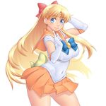  aino_minako arm_behind_head bishoujo_senshi_sailor_moon blonde_hair blue_eyes bow breasts choker circlet contrapposto covered_navel cowboy_shot earrings elbow_gloves gloves hair_bow highres huge_breasts impossible_clothes impossible_shirt jewelry long_hair looking_at_viewer magical_girl masato_(mk) miniskirt orange_choker orange_sailor_collar orange_skirt pleated_skirt red_bow sailor_collar sailor_senshi_uniform sailor_venus shirt short_sleeves simple_background skirt smile solo standing thighs very_long_hair white_background white_gloves 