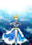  ahoge armor armored_dress artoria_pendragon_(all) avalon_(fate/stay_night) blonde_hair dress excalibur fate/stay_night fate_(series) gauntlets green_eyes neco_(necocan) planted_sword planted_weapon saber sheath sheathed solo sword weapon 