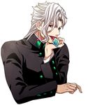  alternate_hair_color bad_id bad_pixiv_id condom condom_in_mouth earrings gakuran jewelry jojo_no_kimyou_na_bouken kakyouin_noriaki looking_at_viewer male_focus moru mouth_hold palette_swap red_eyes school_uniform solo tongue tongue_out white_hair 