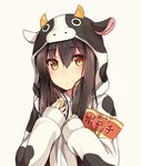  akagi_(kantai_collection) alternate_costume animal_costume blush brown_eyes brown_hair chips cow_costume food food_on_face hiiragi_hajime kantai_collection long_hair looking_at_viewer md5_mismatch potato_chips simple_background sleeves_past_wrists solo upper_body white_background 