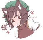  animal_ears bow brown_eyes brown_hair cat_ears character_name chen earrings hat jewelry osaname_riku short_hair sketch solo touhou 