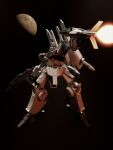  3d absurdres arm_cannon battle blender_(medium) energy_cannon english_commentary firing glowing glowing_eyes gundam highres machinery mecha mjeff mobile_suit moon no_humans robot science_fiction shield silver_bullet_(mobile_suit) space weapon zero_gravity 