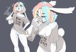 anthro arbuzbudesh bottomless breasts clothed clothing drinking eyes_closed female fur genitals hair hand_on_hip lagomorph leporid mammal multicolored_hair nipples no_underwear pubes pussy rabbit rainbow_hair shirt shirt_only solo topwear topwear_only white_body wide_hips