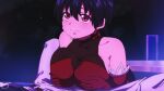  1boy 1girl bare_shoulders black_hair blush breasts detached_sleeves dress gloves highres implied_paizuri izumo_fuuko keihh large_breasts long_hair looking_up night red_dress red_gloves undead_unluck 