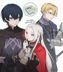  1girl 2boys armor ascot black_armor black_gloves blonde_hair blue_cape blue_hair byleth_(fire_emblem) byleth_(male)_(fire_emblem) cape closed_mouth commentary_request crossed_arms dimitri_alexandre_blaiddyd edelgard_von_hresvelg fire_emblem fire_emblem:_three_houses forehead garreg_mach_monastery_uniform gauntlets gloves grey_eyes grin hair_between_eyes hair_ribbon height_difference highres ikaikakka korean_commentary korean_text long_hair long_sleeves looking_at_another multiple_boys purple_eyes purple_ribbon red_cape ribbon short_hair smile white_ascot white_gloves white_hair 