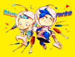  2boys alph_(pikmin) asymmetrical_hair backpack bag big_nose black_eyes blue_bag blue_gloves blue_hair blue_pants blue_sleeves buttons character_name closed_mouth commentary_request cousins earrings freckles full_body gauge gloves hand_on_own_hip helmet holding holding_wrench jewelry light_blush long_sleeves male_focus multiple_boys open_mouth outstretched_arms pants petals pikmin_(series) radio_antenna raised_eyebrow screwdriver shirushiki shoes short_hair smirk space_helmet spacesuit tools triangle_earrings v-shaped_eyebrows very_short_hair whistle white_footwear white_gloves wrench yellow_background yorke_(pikmin) 