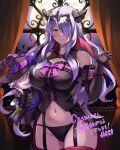  1girl absurdres bare_shoulders blush breasts camilla_(fire_emblem) character_doll cleavage commission corrin_(fire_emblem) corrin_(male)_(fire_emblem) corrin_(male)_(halloween)_(fire_emblem) fire_emblem fire_emblem_fates fire_emblem_heroes garter_straps gloves hair_over_one_eye halloween hat hatomune6 highres large_breasts long_hair looking_at_viewer navel panties purple_eyes purple_hair skeb_commission smile solo stuffed_toy thighs tiara underwear very_long_hair wavy_hair 