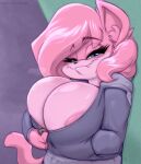 aeris_(vg_cats) anthro big_breasts blue_sclera breasts clothing female hair hi_res joelasko looking_at_viewer pink_body pink_hair pink_tail simple_background smug snaggle_tooth solo sweater tail topwear unzipping vg_cats webcomic