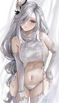  1girl atiarta7 bare_shoulders blue_eyes blush breasts detached_sleeves genshin_impact grey_hair hair_ornament hair_over_one_eye highres large_breasts long_hair long_sleeves looking_at_viewer meme_attire navel shenhe_(genshin_impact) sleeves_past_wrists solo stomach thighhighs very_long_hair virgin_killer_sweater white_background white_hair white_thighhighs 