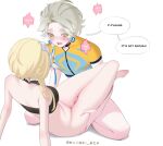  1boy 1girl baby_bao blonde_hair bottomless breasts commentary earrings english_commentary english_text flower gaming_(genshin_impact) genshin_impact grey_hair hair_flower hair_ornament hetero highres jewelry lumine_(genshin_impact) medium_breasts open_mouth penis shirt short_hair_with_long_locks short_sleeves simple_background speech_bubble strapless teeth thigh_sex tube_top uncensored white_background yellow_eyes 
