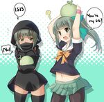  ? bangs bow bowtie brown_eyes commentary crossover dark_skin english english_commentary food fruit green_skirt grey_hair hair_bow highres hood hoodie isis-chan isis_(terrorist_group) kantai_collection melon midriff multiple_girls muslim navel original pantyhose pleated_skirt ponytail pun school_uniform serafuku sesield short_hair short_sleeves skirt yuubari_(kantai_collection) 