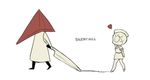  1girl ayu_(mog) bubble_head_nurse copyright_name hat heart hetero lowres monochrome nurse nurse_cap pyramid_head silent_hill simple_background spot_color sword walking weapon white_background 