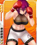  1girl abs armpits artist_request bangs bare_shoulders boxing boxing_gloves breasts card_(medium) character_name checkered checkered_background cleavage clothes_writing cowboy_shot crop_top fighting_stance gradient gradient_background gym_shorts hair_between_eyes halterneck hands_up large_breasts light_smile lilith-soft mari_foreman midriff muscle muscles navel nobushito_kuro official_art purple_hair short_hair shorts smile solo standing taimanin_asagi taimanin_asagi_battle_arena taut_clothes turtleneck yellow_eyes 