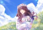  1girl :d bouquet brown_hair cardia_beckford cloud code:realize day dress green_eyes head_wreath holding holding_bouquet kusuhara_09 long_hair long_sleeves outdoors smile solo sunlight upper_body white_dress 