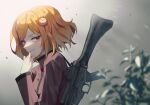  1girl assault_rifle buttons charlotte_(witch&#039;s_heart) from_side grey_background gun hair_ornament hand_to_own_mouth highres jacket lips long_sleeves looking_at_viewer looking_to_the_side medium_hair mometsu_033 orange_hair plant rabbit_hair_ornament red_eyes red_jacket rifle smile smirk solo swept_bangs upper_body weapon weapon_on_back witch&#039;s_heart 