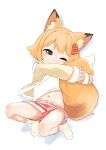  1girl animal_ear_fluff animal_ears blonde_hair borrowed_character brown_eyes cardigan fang fox_ears fox_girl fox_tail hair_ornament hairclip highres hugging_own_tail hugging_tail navel one_eye_closed original own_hands_clasped own_hands_together red_shorts satsuyo short_shorts shorts skin_fang smile socks solo tail 