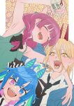  3girls :d @_@ absurdres ahoge alcohol_carton animal_ears aqua_hair arm_around_shoulder arm_up armpits black_necktie blonde_hair blue_eyes blue_hair blunt_bangs blush bocchi_the_rock! bow braid chainsaw_man closed_eyes cross-shaped_pupils crossed_bangs crossover demon_horns drink hair_between_eyes hair_bow heterochromia highres hiroi_kikuri holding holding_drink horns horse_ears horse_girl long_bangs long_hair looking_at_viewer multicolored_hair multiple_crossover multiple_girls naga-agan necktie nose_blush open_mouth patterned_background power_(chainsaw_man) purple_eyes purple_hair red_horns romaji_commentary sharp_teeth shirt sidelocks single_braid smile striped striped_bow sweat symbol-shaped_pupils teeth twin_turbo_(umamusume) twintails two-tone_hair umamusume upper_body white_shirt yellow_background yellow_eyes 