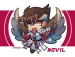  1boy :3 bandages brown_footwear brown_hair brown_wings chain character_name chibi claws devil_jin facial_mark fang forehead_jewel glint gloves grey_horns horns kazama_jin kotorai male_focus open_mouth red_gloves short_hair signature solo studded_gloves tekken wings yellow_eyes 