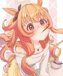  1girl absurdres alternate_costume animal_ears blush breasts brown_eyes casual closed_mouth commentary_request cup food highres horse_ears horse_girl horse_tail jewelry long_hair long_sleeves looking_at_viewer mayano_top_gun_(umamusume) mouth_hold necklace off-shoulder_shirt off_shoulder orange_hair pillow pocky pocky_day pocky_kiss shirt skirt small_breasts solo table tail twitter_username two_side_up umamusume v-shaped_eyebrows white_shirt yayame_art yellow_skirt 