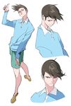  arm_at_side black_hair blue_eyes blue_shirt brown_hair buttons closed_mouth collared_shirt doraemon frown full_body green_shorts hand_up head_tilt honekawa_suneo legs_apart long_sleeves looking_at_viewer looking_up male_focus multiple_views no_socks parted_lips pop_kyun serious shirt shoes shorts simple_background smirk standing thumbs_up tokimeki_memorial tokimeki_memorial_girl's_side upper_body white_background wing_collar yellow_footwear 