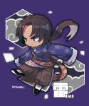  1boy black_eyes black_footwear blue_shirt brown_pants chibi closed_mouth full_body highres kotorai lei_wulong looking_ahead male_focus mandarin_collar pants ponytail purple_background shirt signature sleeves_past_fingers sleeves_past_wrists smile socks tekken translation_request white_socks 