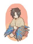  1girl argyle_capelet bird_tail blush brown_eyes brown_hair commentary_request egg feathered_wings harpy kneeling monster_girl ocean_siro orange_background original parted_bangs short_hair socks tail white_background winged_arms wings 