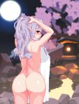  1girl armpits arms_up ass back blush breasts bunching_hair cherry_blossoms covering_privates cowboy_shot from_behind full_moon grey_hair hand_in_own_hair hands_in_hair highres holding holding_hair hothot148 idolmaster idolmaster_(classic) large_breasts long_hair looking_at_viewer looking_back moon naked_towel night night_sky nude nude_cover onsen outdoors pixel_art ponytail purple_eyes rock shijou_takane sideboob sky solo towel tree water 