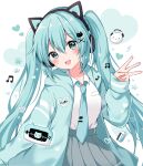  1girl :3 animal_ear_headphones animal_ears blue_eyes blue_hair blush cat cat_ear_headphones cat_hair_ornament character_name collared_shirt eraser fake_animal_ears fang hair_ornament hairclip hand_up handheld_game_console hatsune_miku headphones heart highres hood hoodie kokoshira_0510 long_hair long_sleeves looking_at_viewer musical_note open_mouth paw_print pleated_skirt school_uniform shirt skirt smile solo twintails very_long_hair vocaloid w x_hair_ornament 
