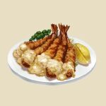  food food_focus fruit haruhi1281 highres lemon lemon_slice no_humans original plate sauce shrimp shrimp_tempura simple_background still_life tempura yellow_background 