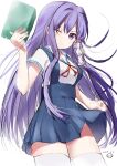  1girl 2019 ;) arm_at_side blue_skirt book clannad closed_mouth commentary dated from_below fujibayashi_kyou hair_between_eyes hair_ribbon hand_up high-waist_skirt highres hikarizaka_private_high_school_uniform holding holding_book long_hair looking_at_viewer one_eye_closed purple_eyes purple_hair red_ribbon ribbon sailor_collar school_uniform serafuku shirt sidelocks signature sketch skirt smile solo split_mouth standing straight_hair summer_uniform suspender_skirt suspenders thighhighs tress_ribbon very_long_hair white_ribbon white_sailor_collar white_shirt white_thighhighs zenoo zettai_ryouiki 