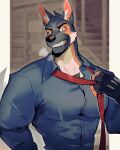  1boy absurdres animal_ear_fluff animal_ears another_eidos-r bara barlitz_(another_eidos) blue_shirt blurry blurry_background breath collared_shirt dog_boy dog_ears fingerless_gloves furry furry_male game_console gloves grin highres k0bit0wani large_pectorals male_focus motion_lines multicolored_fur muscular muscular_male necktie nes pectorals red_necktie removing_necktie shirt smile solo sweatdrop thick_arms tight_clothes tight_shirt upper_body v-taper 