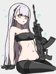  1girl ak-alfa_(girls&#039;_frontline) black_tube_top breasts girls&#039;_frontline gloves gun headgear holding holding_gun holding_weapon long_hair looking_at_viewer medium_breasts mistertililing navel orange_eyes pantyhose sitting strapless tube_top weapon white_hair 