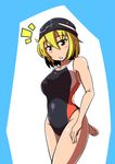  blonde_hair blush lunasa_prismriver midori_niku one-piece_swimsuit open_mouth solo swim_cap swimsuit touhou yellow_eyes 