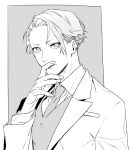  1boy collared_shirt covering_mouth eyes_visible_through_hair fingernails greyscale hand_over_own_mouth hatching_(texture) jacket joker_game lapels linear_hatching long_bangs long_sleeves looking_at_viewer male_focus messy_hair miyoshi_(joker_game) monochrome necktie open_clothes open_jacket parted_lips portrait shi646 shirt short_hair solo swept_bangs unfinished vest waistcoat 