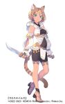  1girl animal_ear_fluff animal_ears blue_eyes breasts brown_hair cat_ears cat_girl cat_tail character_request commentary_request copyright_request dagger detached_sleeves dual_wielding enkyo_yuuichirou full_body high_heels highres holding holding_dagger holding_knife holding_weapon hood hood_down jewelry knife looking_at_viewer medium_breasts reverse_grip sandals short_hair solo standing standing_on_one_leg tail weapon white_background 
