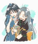  2girls :d ^_^ aqua_background back_bow black_hair black_shirt blue_dress blush_stickers bow closed_eyes collared_shirt commentary_request cropped_torso dress fangs grey_hair hair_between_eyes happy hat himemushi_momoyo hisona_(suaritesumi) holding holding_jar iizunamaru_megumu jar jewelry leaning_forward long_hair long_sleeves looking_at_another multiple_girls open_mouth orange_bow orange_eyes ribbon-trimmed_sleeves ribbon_trim ring shirt short_sleeves smile sparkle tokin_hat touhou upper_body white_background 