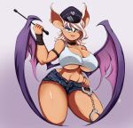 absurd_res anthro bat bottomwear breasts cleavage clothed clothing cosplay crossover crossover_cosplay cuff_(restraint) eyeshadow female final_fight hair handcuffs hat headgear headwear hi_res lipstick looking_at_viewer makeup makini1990 mammal membrane_(anatomy) membranous_wings metal_cuffs poison_(final_fight) restraints rouge_the_bat sega shorts simple_background solo sonic_the_hedgehog_(series) tan_body tan_skin under_boob white_hair wings